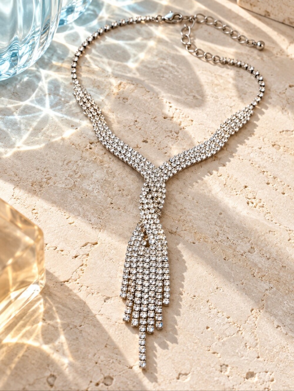 Vintage Silver Tone Clear Rhinestone Y Lariat Waterfall Tassel Necklace